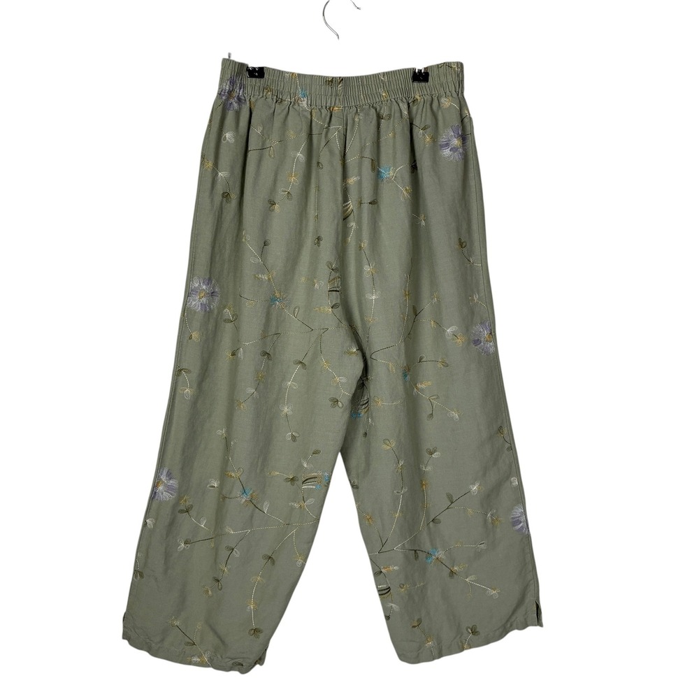 Vintage Pull On Linen Floral Embroidered Wide Leg Cropped Pant Size M Green - Picture 2 of 15
